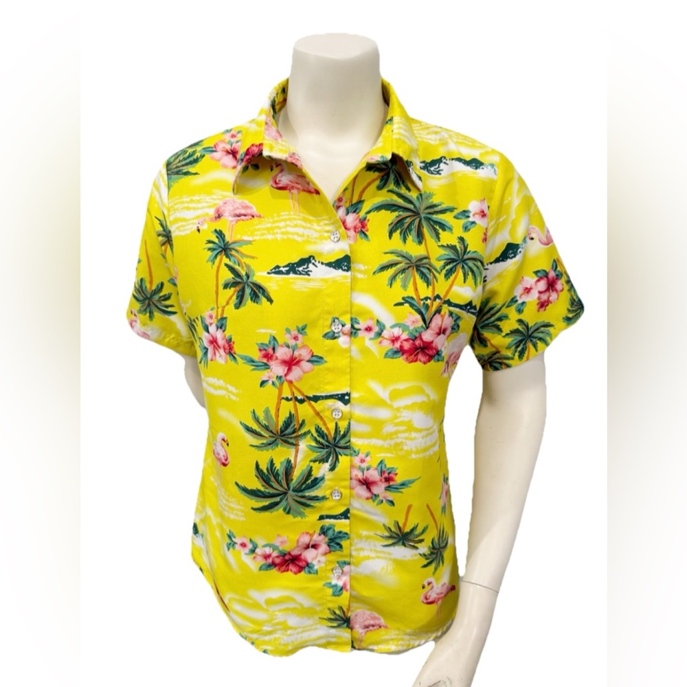 SSLR Women’s Hawaiian Flamingo Shirt Small Yellow Tropical Button Up Aloha Top